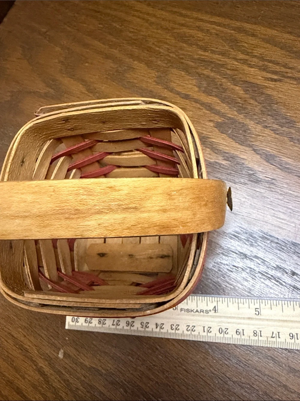 Handwoven Small Longaberger Basket with Handle - Natural Wood and Red Accent